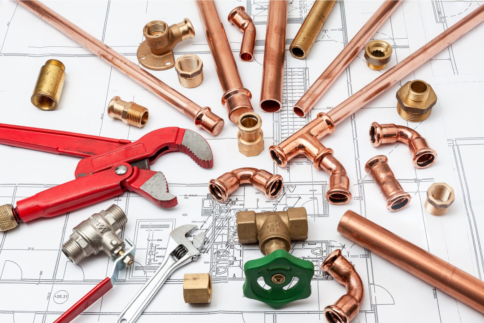Copper pipes, fittings, valves, and plumbing tools in Plant City