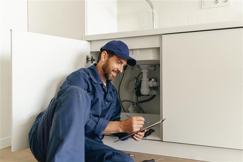 Residential plumber reviewing plumbing repairs in a Plant City kitchen