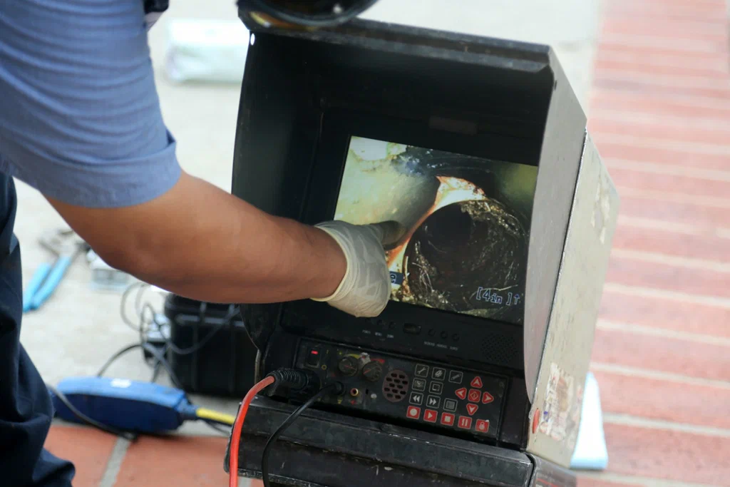 Technician viewing a drain inspection camera in Plant City
