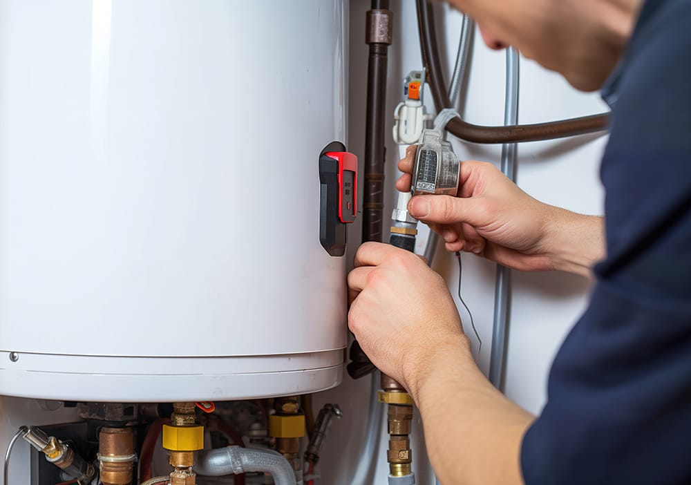 Technician repairing pipes connected to a water heater in Plant City